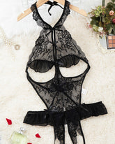 Women's Hollow Backless Transparent Floral Lace Open Crotch Design Bodysuit