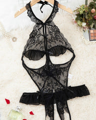 Women's Hollow Backless Transparent Floral Lace Open Crotch Design Bodysuit