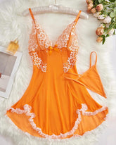 Deep V Contrast Lace Mesh Bow Decoration Suspender Nightdress (With Thong)
