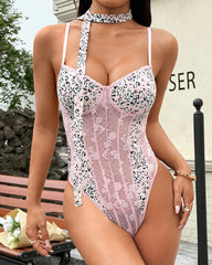 Leopard Lace Mesh Colorblocked Sling Low-cut Bodysuit