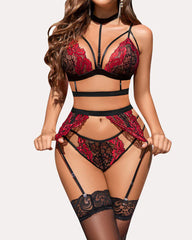 Lace Mesh Colorblock Suspender Bra and Garter Panty Set with Removable Choker