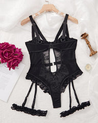 Lace Mesh Backless Ruffled Decoration Hollow Ring Buckle One-Piece Pajamas