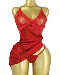 Women's Lace Satin V Neck Adjustable Straps Backless Nightdress with Thong