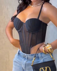 Fishbone Adjustable Shoulder Strap Tube Top Mesh Irregular Top
