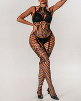 Halterneck Jacquard Lace Hollow See-Through Fishnet Stockings One-Piece Pajamas