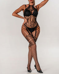 Halterneck Jacquard Lace Hollow See-Through Fishnet Stockings One-Piece Pajamas