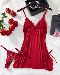 Bow Decorated Contrast Lace Suspender Nightdress Nightdress and Thong Set