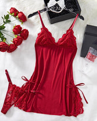 Bow Decorated Contrast Lace Suspender Nightdress Nightdress and Thong Set