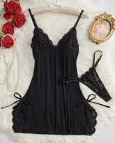Bow Decorated Contrast Lace Suspender Nightdress Nightdress and Thong Set