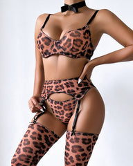 Leopard Push-Up Bra Underwear Thong Set With Stockings and Choker 6 Pieces Set