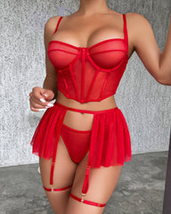Mesh See-Through Pajamas Three-Piece Set