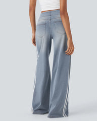 Casual High-Waist Striped Wide-Leg Washed Pocket Jeans
