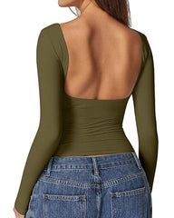 Women's Open Back Seamless Turtleneck Double Lined Slim Fit Long Sleeve Top
