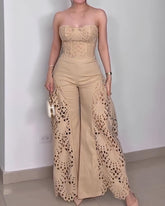 Fashionable Lace Tube Top Hollow Trousers Suit