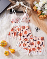 Halloween Print Lace Suspender and Shorts Loungewear Set
