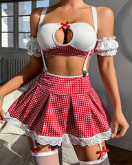 Colorblock Mini Plaid Skirt Uniform Suit
