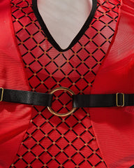 Diamond Print Mesh Splicing Hollow Halter Neck Bodysuit