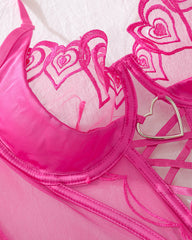Heart Embroidered See-Through Cross Strap Shaping Underwear Set