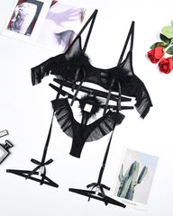 Plush Ball Pleated Skirt See-through Mesh Underwear Set