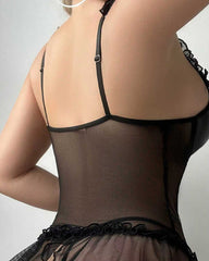 Hollow PU Patent Leather Mesh Splicing Pajamas and Fishnet Stockings Set
