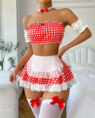 Colorblock Plaid Lace Maid Outfit