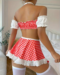 Colorblock Plaid Lace Maid Outfit