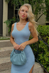 Sky Blue Rib-Knit Split Midi Dress