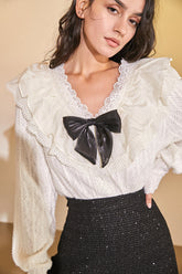 Ivory Ruffle Trim Bowknot Decor Blouse