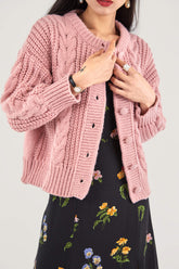 Dark Salmon Cable-Knit Button-Up Cardigan
