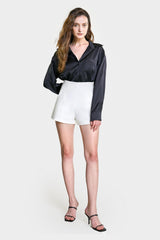 Black Satin Button Front Chest Pocket Shirt