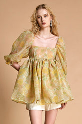 Lemon Chiffon Floral Print Puff Sleeve Babydoll Smock Mini Dress
