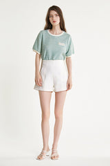 Light Green Textured Round Neck Contrast Trim Detail Blouse