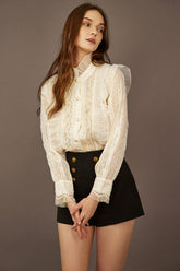 White Lace Trim Faux Pearl Button Blouse