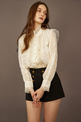 White Lace Trim Faux Pearl Button Blouse