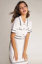 White Contrast Trim Collared Knitted Mini Dress