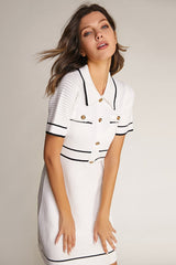 White Contrast Trim Collared Knitted Mini Dress