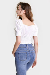 White Ruched Drawstring Smocked Cropped Blouse