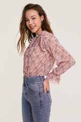 Pink Floral Print Tie Detail Ruffled Chiffon Blouse