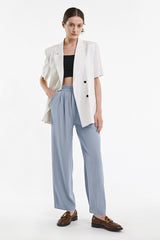 Light Steel Blue Half Elastic Pleat Detail Wide Leg Suit Pants