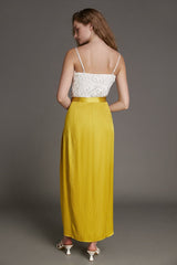 Yellow Jacquard Ruched Wrap Maxi Skirt