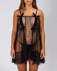 Off Shoulder Mesh Eyelash Lace Babydoll Lingerie Set