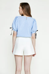 Cornflower Blue Textured Bowknot Decor Puff Sleeve Blouse