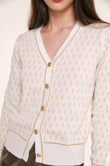 White Jacquard-Knit V-Neck Button-Up Cardigan