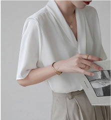 Light Steel Surplice Neck Ruched White Blouse