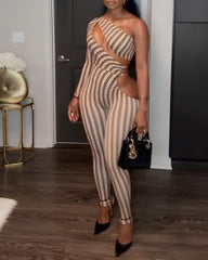 Striped Colorblock One-shoulder Cutout Long-sleeved Stretch Jumpsuit