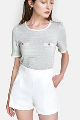 Light Green Textured Contrast Binding Short Sleeve Blouse