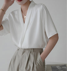 Light Steel Surplice Neck Ruched White Blouse