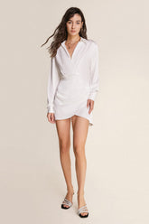 White Satin Gathered Detail V-Neck Long Sleeve Shirt Mini Dress