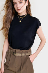 Black Rib-Knit Mock Neck Cap Sleeve Top