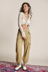 Ivory Lace Ruffled Tie Front Bell Sleeve Copped Blouse